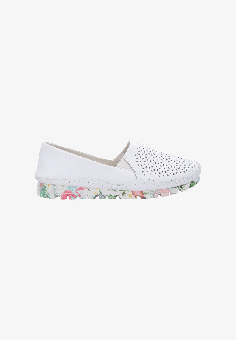 Witte instapschoenen met een geperforeerd ontwerp aan de neus, met een bloempatronen zool en gestikte details langs de randen.