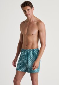 Zwemshorts voor mannen in teal met een geometrisch zwart patroon, voorzien van een elastische tailleband en een losse pasvorm voor comfort.