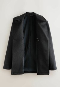 Dark gray houndstooth men's coat with black lining, open front, and notch lapel cuffs, displayed on a white background.