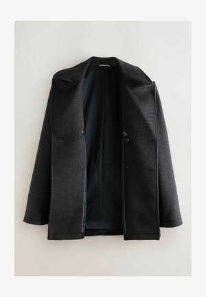 Dark gray houndstooth men's coat with black lining, open front, and notch lapel cuffs, displayed on a white background.