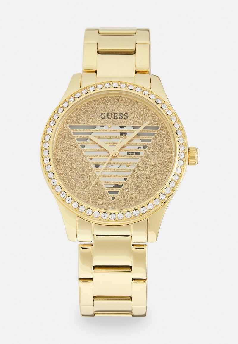 Gold-toned watch with a glittery triangular face, studded bezel, and striped dial. Features a metal link bracelet and simple hour and minute hands.