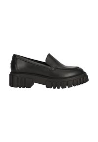Zapatos de cuero negro sin cordones con puntera redonda y suela de goma gruesa que presenta una textura estriada y un tacón bloque audaz.