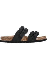 Schwarze Rutschsandalen mit drei geflochtenen Riemen, verstellbaren Schnallen und einem Korkfußbett. Die Außensohle ist strukturiert für besseren Halt.