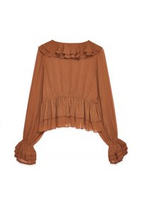 Rustkleurige blouse met een gerimpelde kraag, lange mouwen met gerimpelde manchetten en een gelaagde zoom. Gemaakt van lichtgewicht stof met een zachte textuur.