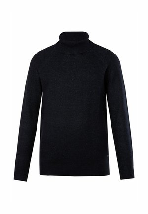 Schwarzer Rollkragenpullover mit strukturiertem Strickmuster, Raglanärmeln und taillierter Silhouette. Dezentes Logo-Element am Saum.