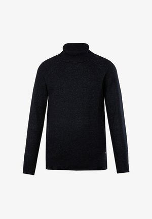 Schwarzer Rollkragenpullover mit strukturiertem Strickmuster, Raglanärmeln und taillierter Silhouette. Dezentes Logo-Element am Saum.