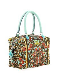 Borsa stampata con manici e dettagli turchesi. Presenta un motivo floreale e con uccelli su uno sfondo multicolore. Chiusura a zip.