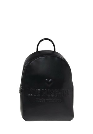 Zaino in finta pelle nera con forma arrotondata, logo embossato, chiusura a zip e manico superiore per il trasporto.