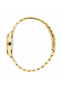 Orologio in metallo color oro con cinturino sottile a maglie e cassa rotonda. Presenta una superficie liscia e una corona nera come dettaglio.