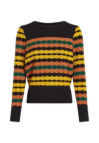 Strickpullover mit Rippkragen und langen Ärmeln, ausgestattet mit horizontalen Streifen in Orange, Grün, Gelb und Schwarz, mit einem strukturierten Muster.