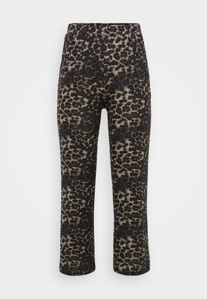 Løveprint bukser i sort og beige, med lige snit, elastisk talje og glat tekstur.