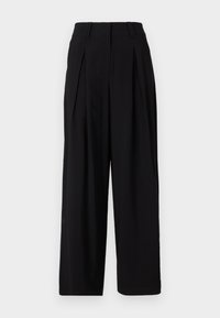 Black wide-leg trousers made of smooth fabric, featuring a high waistband, pleats at the front, and a flowing silhouette.