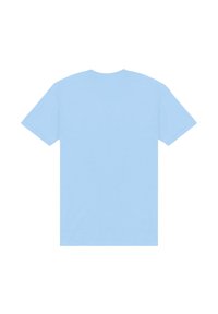 Ljusblå crewneck t-shirt, kortärmad, i bomullsmaterial, enkel design, utan grafik eller mönster, slät textur.