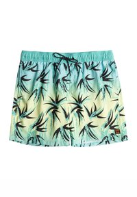 Pantaloni da nuoto da uomo, gradiente blu-verde con motivo di foglie tropicali nere, vita elasticizzata con cordino, materiale in poliestere liscio.