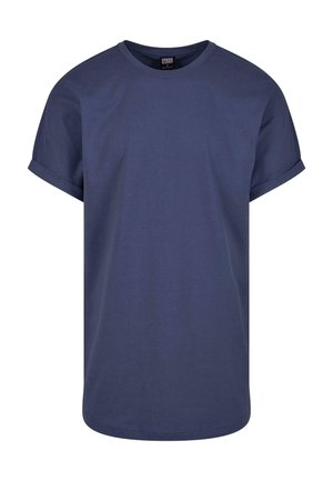 Námornícky modré tričko s krátkym rukávom vyrobené z bavlny. Obsahuje okrúhly výstrih a rolované rukávy. Hladký povrch s klasickým, uvoľneným strihom.