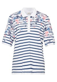 Gestreiftes Poloshirt in Weiß und Marineblau mit blauen und pinken floralen Akzenten, mit einem Kragen und einer Knopfleiste. Kurze Arme.
