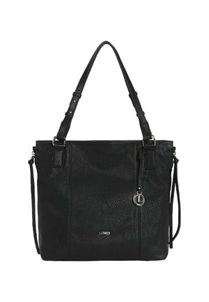 Schwarze Leder-Tote-Bag mit strukturierten Oberflächen, doppelten Griffen und einem abnehmbaren Schultergurt. Mit einem silbernen Logo-Akzent.