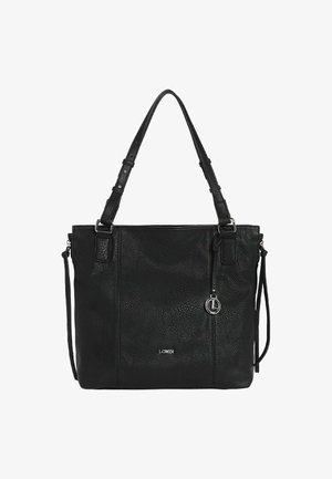 Schwarze Leder-Tote-Bag mit strukturierten Oberflächen, doppelten Griffen und einem abnehmbaren Schultergurt. Mit einem silbernen Logo-Akzent.