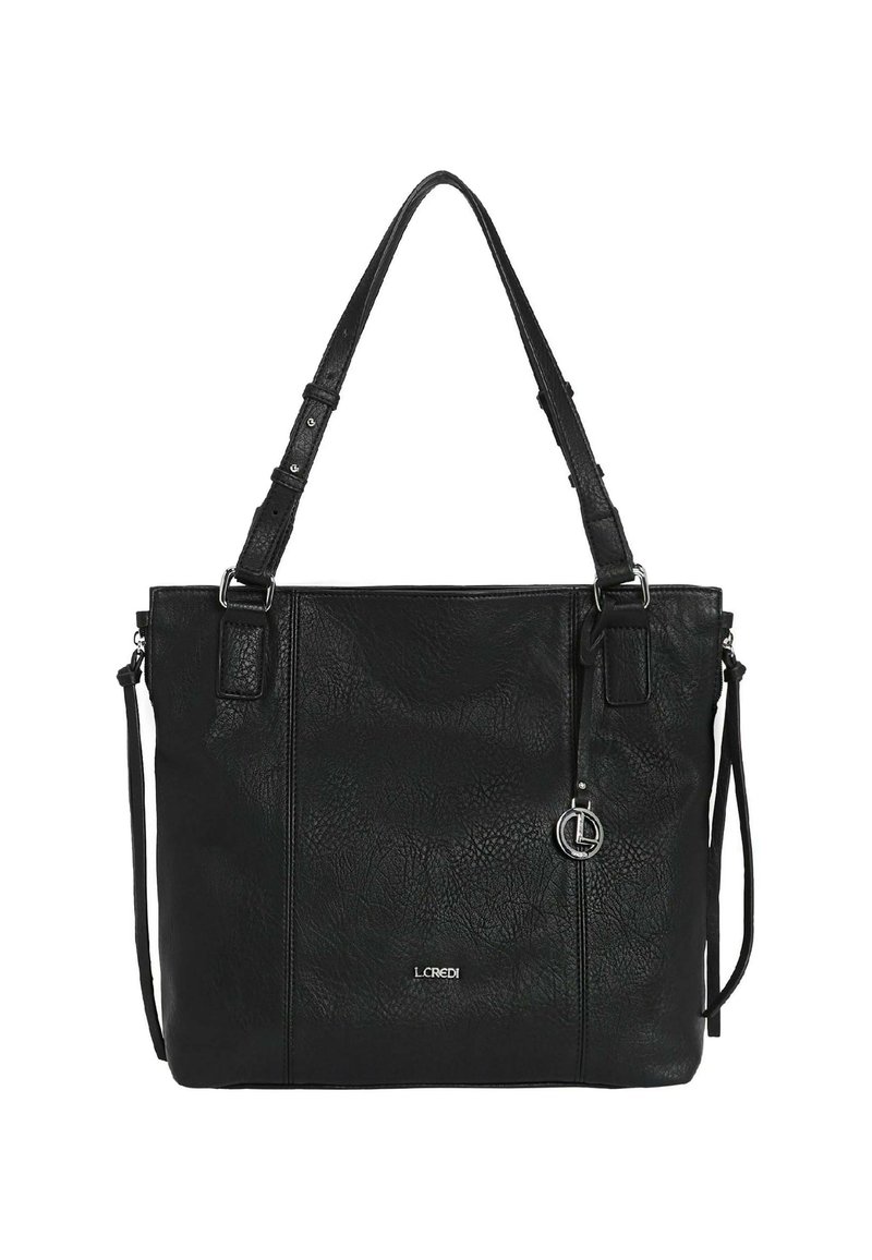 Schwarze Leder-Tote-Bag mit strukturierten Oberflächen, doppelten Griffen und einem abnehmbaren Schultergurt. Mit einem silbernen Logo-Akzent.