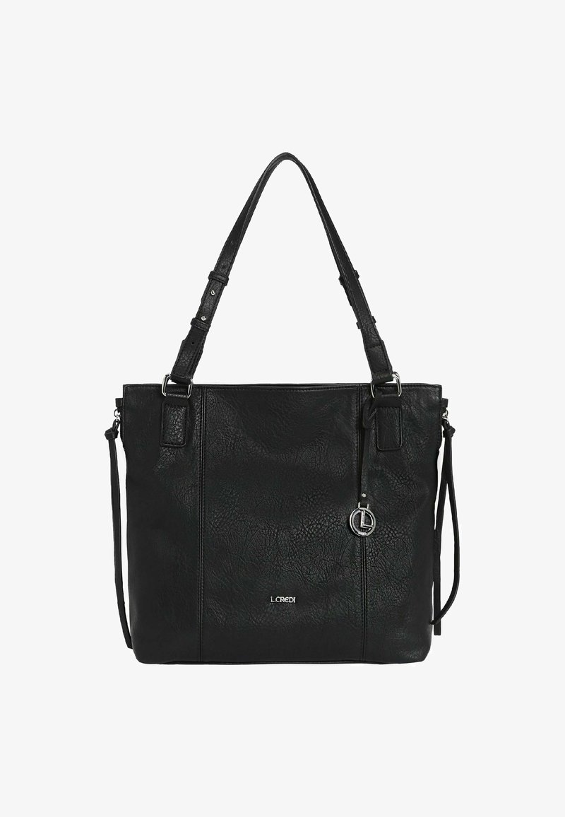 Bolso tote de cuero negro con superficie texturizada, doble asa y correa de hombro desmontable. Presenta un acento de logo en plata.