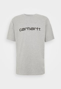 Lichtgrijs T-shirt met korte mouwen met zwart "Carhartt" logo in het midden op de borst, weergegeven op een witte achtergrond.