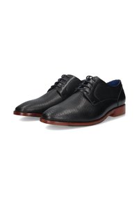 Chaussures habillées en cuir noir avec un design perforé, bout rond, fermeture à lacets et semelle en bois marron. Présente un revêtement intérieur bleu.