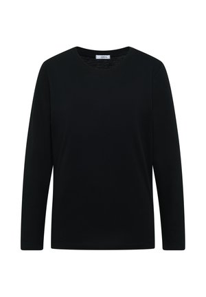 Černé dlouhé rukávy tričko vyrobené z hladkého materiálu, s kruhovým výstřihem a rovnými liniemi, bez vzorů nebo ozdob.