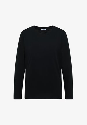 T-shirt noir à manches longues en tissu lisse, avec un col rond et une coupe droite, sans motifs ni embellissements.