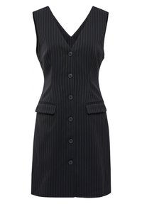 Schwarzes gestreiftes Kleid mit V-Ausschnitt, ärmellosem Design, vorderen Knöpfen und zwei kleinen Taschen an der Taille. Glatte Stoffstruktur.