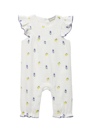 Barboteuse blanche sans manches pour bébé avec motifs de citrons jaunes et de fleurs violettes, épaules volantées et ourlets des jambes bordés de violet.