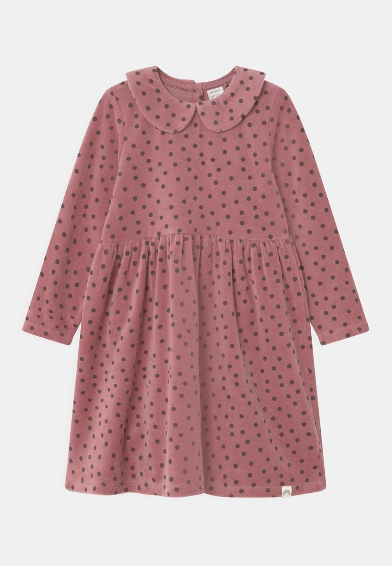 Robe longue manches longues pour tout-petit mauve avec des pois marron, col arrondi, taille froncée et fermeture boutonnée au dos.