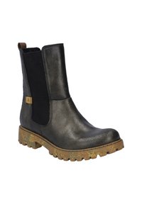 Black ankle boot with a smooth leather upper and ribbed elastic sides. Chunky brown sole with textured grip for traction and durability.