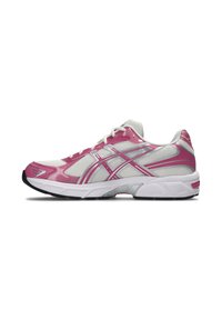 White and pink athletic sneaker with mesh upper, lace-up design, and thick cushioned sole shown in side profile on white background.