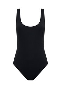 Maillot de bain une pièce noir avec un décolleté arrondi, des bretelles fines et une silhouette ajustée. Fabriqué en matériau lisse et extensible ; pas de détails supplémentaires.