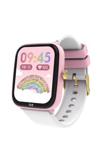 Quadratische Smartwatch mit einem pinken Silikon-Gehäuse und weißem Armband. Das Display zeigt Uhrzeit, Datum und eine Regenbogen-Grafik mit Glitzerakzenten. Goldene Hardware-Details.