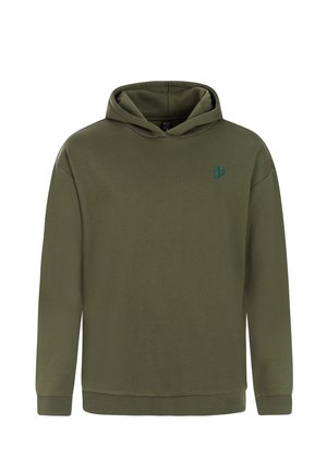 Olive green hoodie in soft material with a kangaroo pocket, ribbed cuffs, and hem. Features a small logo on the left chest.