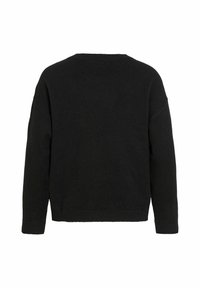 Svart långärmad stickad tröja med rund hals, ribbade ärmslut och nederkant, visad bakifrån mot en vit bakgrund.