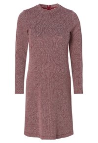 Abito lungolungo bordeaux con motivo a spina di pesce, scollatura rotonda e zip sul retro. Presenta una vestibilità dritta e una texture morbida.