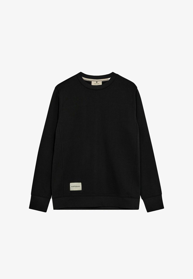 Black sweatshirt made of soft fabric, featuring a round neck, long sleeves, and a small white label on the front lower left.