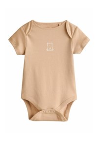 Kortärmad babybodysuit i ljusbeige bomull med vit björntryck på framsidan; har tryckknappar i botten och rundad halsringning.