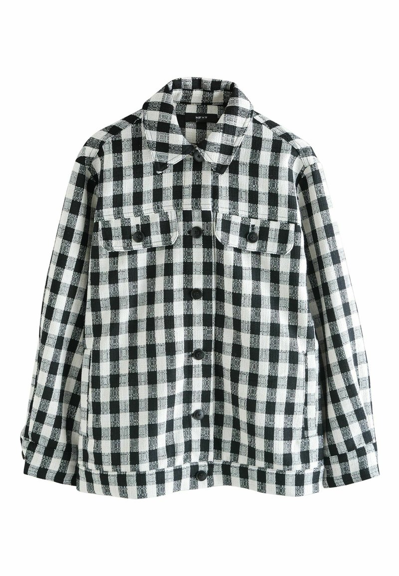 Sort-hvid ternet flanneljakke med lange ærmer, to brystlommer, knappelukning og krave. Tekstureret stof.