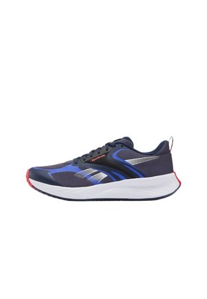 Scarpa da corsa Reebok blu navy e nera con dettagli bianchi e blu, intersuola bianca e dettagli rossi sulla suola e sulla linguetta del tallone.