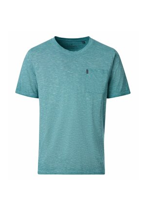 Herren T-Shirt mit kurzen Ärmeln und Rundhalsausschnitt in meliertem Türkis mit einer kleinen Brusttasche auf der linken Seite.
