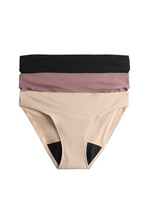 Tre slip bikini senza cuciture a vita alta in nero, malva e beige impilati su sfondo bianco.