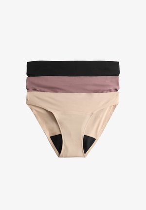 Tre sømløse bikinitrusser med høj talje i sort, violet og beige stablet på hvid baggrund.