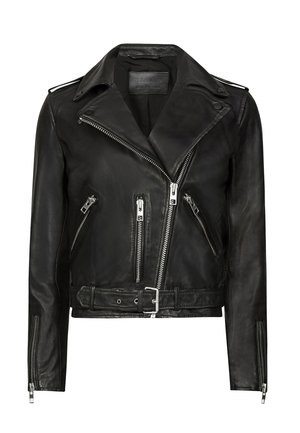 Black leather motorcycle jacket with asymmetrical front zippers, multiple zippered pockets, wide lapels, and a belted waist. Classic design.
