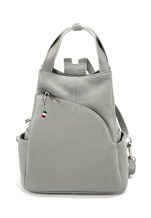 Light gray textured leather backpack with top handle, front zippered pocket, side pockets, and small Italian flag zipper pull.