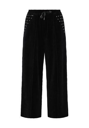 Fekete, széles lábú nadrág puha anyagból, állítható derékkal és a mellső zsebeken szegecsekkel díszítve.