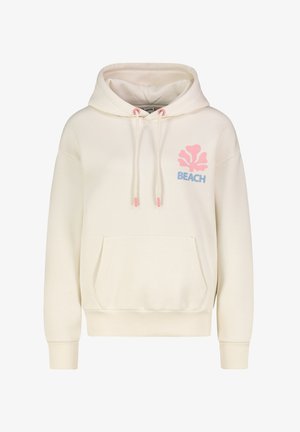 Cremfarbener Hoodie aus weichem Stoff, mit einer vorderen Tasche, verstellbaren Kordeln und einem pinkfarbenen Strand-Logo-Druck.