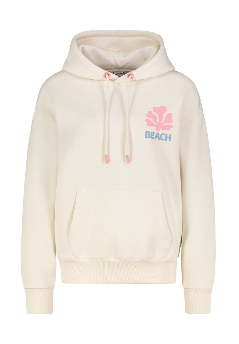 Cremfarbener Hoodie aus weichem Stoff, mit einer vorderen Tasche, verstellbaren Kordeln und einem pinkfarbenen Strand-Logo-Druck.